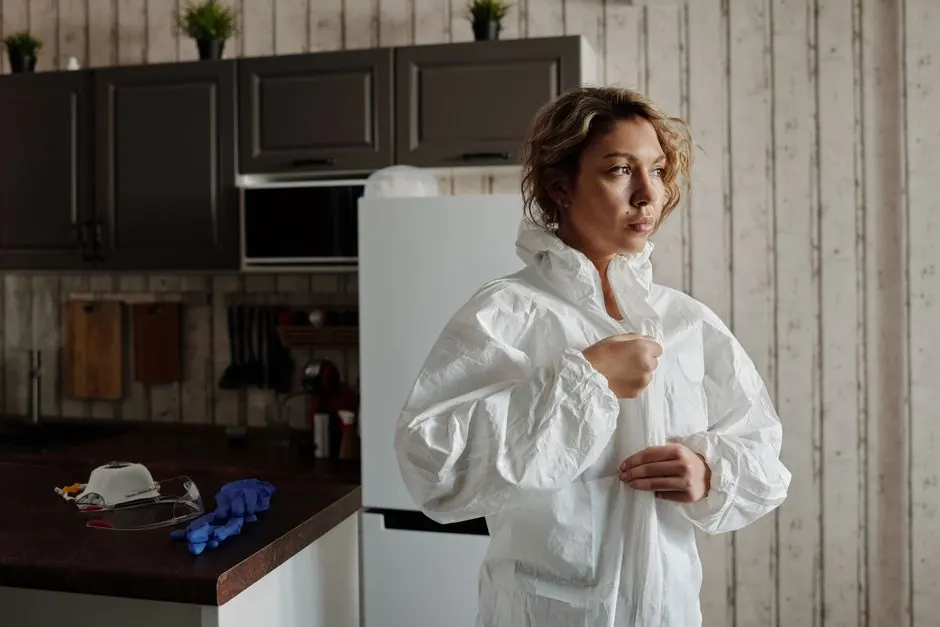 A woman zipping a protective suit in the kitchen, symbolizing safety and new normal.